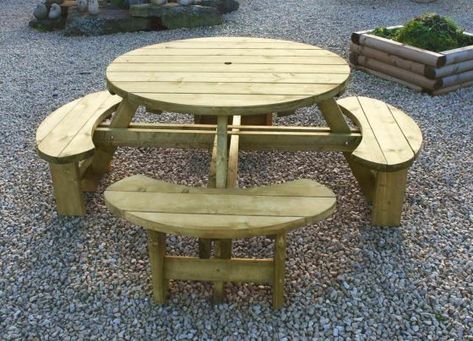 Picknick Table, Garden Picnic Table, Round Garden Table, Round Picnic Table, Picnic Table Plans, Awesome Woodworking Ideas, Round Garden, Wooden Garden Furniture, Woodworking Logo