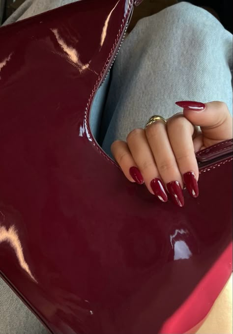 cherry red | fall | nail inspo | red bag | aesthetic Purple Gel Polish, Red Bag Outfit, Red Aura, Maroon Purple, Cherry Wine, Cherry Nails, Red Fall, Red Accessories, Cherry Cola