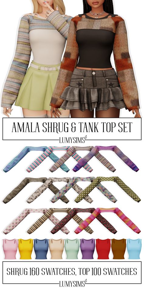 Amala Shrug and Top Sims 4 CC Y2K Grunge Fairy Core Summer/Fall set, 160 + 100 Swatches Simplicity Cc Sims 4, Clothing Sets Sims 4 Cc, Sims 4 Cc Headphones Y2k, Sims R Cc Clothes, Sims 4 Cc Pinafore Dress, Sims 4 Bolero Cc, Sims Cc Tank Top, Sims 4 Clothing Accessories Cc, Sims4 Cc Fall Clothes