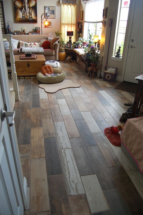 Mixed Laminate Flooring Ideas, Mismatched Flooring Woods, Multicolored Flooring, Vinyl Plank Flooring Colors, Shabby Chic Flooring, Porcelain Wood Tile Floor, Rustic Hardwood Floors, Basement Remodel Diy, Salon Suites Decor