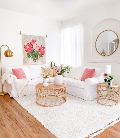 Alexa & Elizabeth | Home Blog on Instagram: “Apartment makeover living room reveal!! 😍 this space was a total blank slate 🙌 it just needed some color and texture and now it feels sooo…” Modern Boho Dresser, Ikea Tarva Hack, Makeover Living Room, Tarva Hack, Boho Dresser, Ikea Tarva, Home Backyard, Living Room Reveal, Garden Home Decor