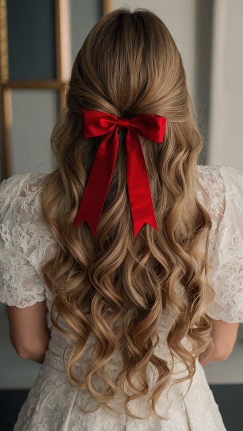 Looking for Christmas hairstyles for women This blog post features a variety of easy fun long holiday hairstyles Discover cute medium to long hair ideas for the holidays including styles for short hair and simple looks Mrs Claus Hairstyle, Holiday Hair Styles Christmas, Winter Bridesmaid Hair, Hair Styles Ribbon, Hair Ideas For Teens, Holiday Hairstyles For Kids, Simple Christmas Hairstyles, Cute Christmas Hair, Christmas Hairstyles For Women