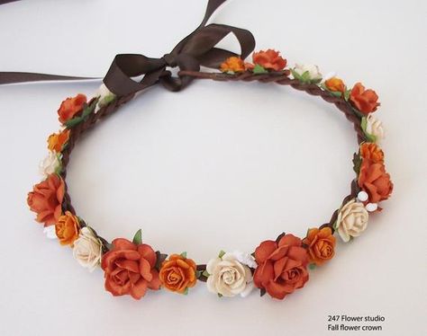 Orange Flower Crown, Paper Flower Crown, Fall Flower Crown, Floral Crown Wedding, Fall Wedding Diy, Rose Flower Crown, Orange Tone, Flower Girl Crown, Bridal Flower Crown