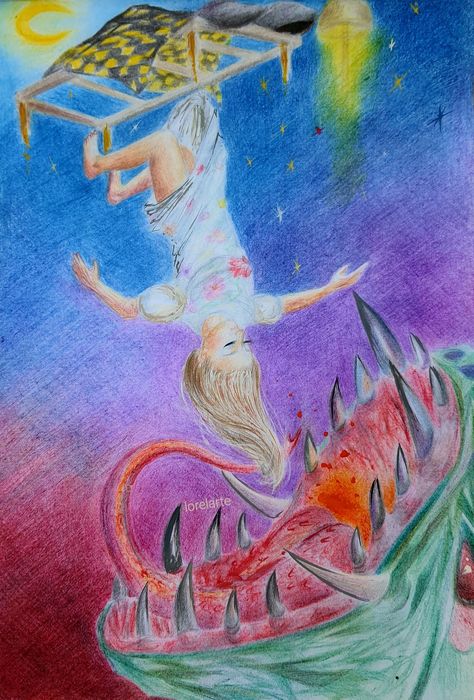 Colorful Artwork lady and beast original art Nightmare Painting Dreams, Surreal Colored Pencil Drawing, Nightmare Drawing Dreams, Nightmare Painting, Color Pencil Artwork, Surreal Drawing, Illustration Night, Dream Drawing, Night Girl