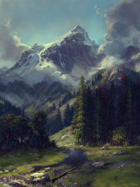 Mountain Forest Fantasy Art, Fantasy Mountain Forest, Fantasy Mountain Village Concept Art, Fantasy Taiga Landscape, Montain Fantasy Art, Fantasy Mountain Aesthetic, Dnd Fantasy Art Landscape, Fantasy Mountain Art, Fantasy Art Mountain