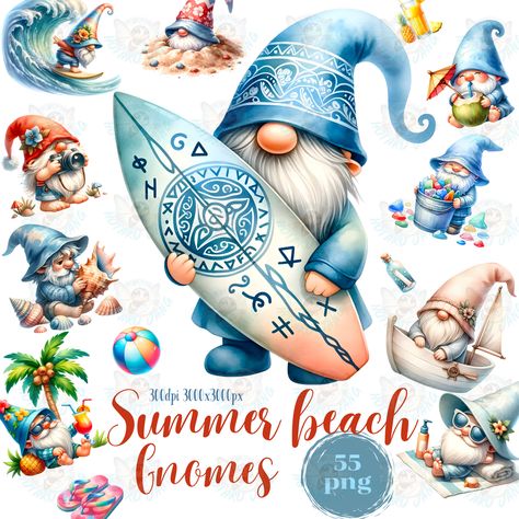 Beach Gnomes, Beach Gnome, Gnome Watercolor, Nature Clipart, Summer Gnomes, Diy Summer Decor, Gnome Pictures, Summer Party Invitations, Beach Theme Decor