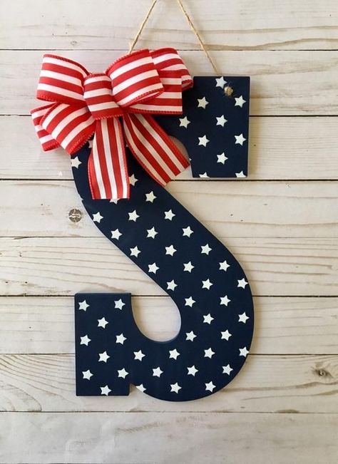 Patriotic Door Decor, Monogram Door, Monogram Door Hanger, Red White And Blue Stars, American Flag Decor, Fourth Of July Decorations, 4th July Crafts, Front Door Sign, Fourth Of July Decor