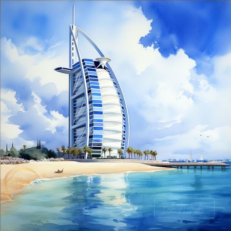 Architectural Landmarks, Dubai Jumeirah, Italian Village, Burj Al Arab, Architecture Landmark, Beach Watercolor, Painting Wall Art, Artist Paint, Light Reflection