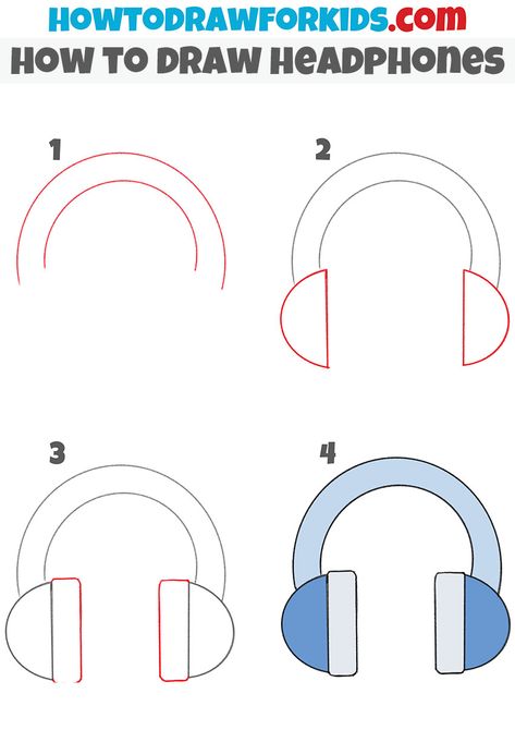 How to draw headphones step by step How To Draw Music, Headphones Drawing Easy, Drawing Of Headphones, How To Draw Headphones, Draw Headphones, Headphones Doodle, Basic Shapes Design, Draw Objects, Headphones Drawing