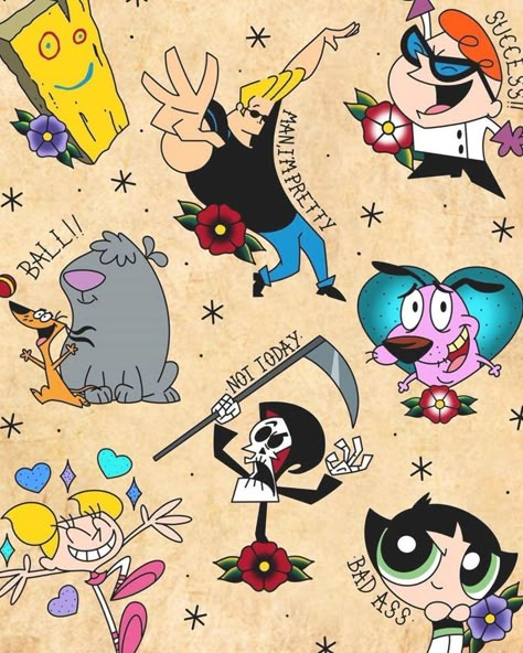 Necropolis Tattoo on Instagram: “90s Cartoon Network and Nickelodeon traditional tattoo designs available from artist @b_of_the_dead message him if interested!…” 90s Cartoon Network, Cartoon Network 90s, 90s Tattoos, Kunst Tattoos, Cartoon Tattoo, Christian Sleeve Tattoo, Theme Tattoo, School Cartoon, Tattoo Couple