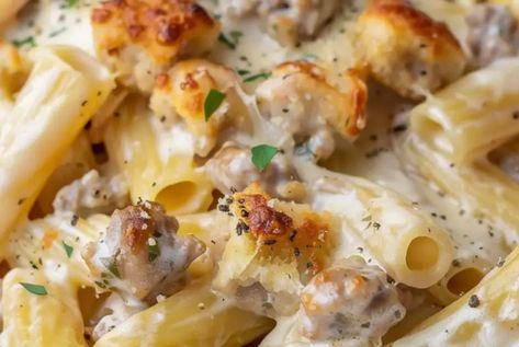 Sausage Alfredo Rigatoni Sausage Alfredo Rigatoni, Garlic Sausage Alfredo Rigatoni, Alfredo Rigatoni, Sausage Alfredo Pasta, Sausage Alfredo, Dinners Ideas, Sausage Rigatoni, Italian Foods, Alfredo Pasta