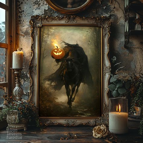 Product description. -Add a touch of Gothic elegance to your decor with this Headless Horseman wall art. Featuring a dark, moody oil painting style, it blends Halloween's spooky charm with vintage academia. Perfect for creating a mysterious atmosphere in your home, this piece is ideal for lovers of classic horror and autumnal decor. ⭐︎ More Halloween ▸ https://www.etsy.com/shop/UrbanSeasonsParadise?ref=seller-platform-mcnav&section_id=50152972 ⭐︎ See The Rest Our Store Here. ▸ https://urbanseaso Black Cat Printable, Moody Paint, Paint Halloween, Vintage Academia, Spooky Home, The Legend Of Sleepy Hollow, Spooky Home Decor, Headless Horseman, Halloween Painting