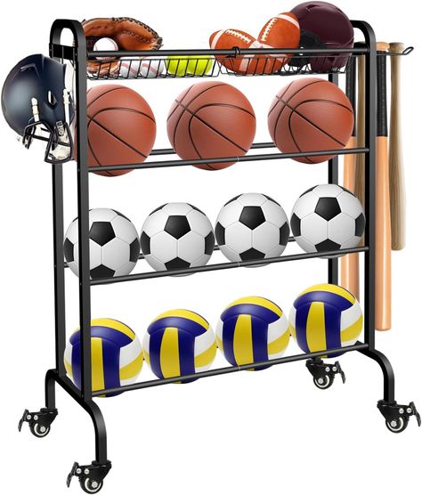 Ardier Ball Rack Organizer with Wheels, 4Tier-Rolling Basketball Racks Holder for Balls, Sports Equipment Storage Stand Organizer for Basketball, Football,... Baseball Bat Holder, Sports Equipment Organization, Sports Equipment Storage, Basketball Training Equipment, Sport Rack, Design Tech, Ball Storage, Equipment Storage, Rolling Storage