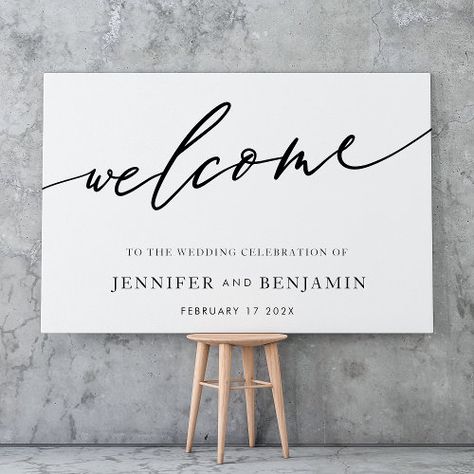 Welcome White Black Calligraphy Simple Wedding Poster #zazzle #weddinginvitations #birthdayinvitations #babyshowerinvitations #zazzleinvitations #monogram #businesscards #graduation #homedecor Wedding Signs Black And White, Wedding Signs Black, Welcome Script, Wedding Signs Welcome, Minimalist Gift Ideas, Black White Weddings, Calligraphy Simple, Wedding Sign Ideas, Handwritten Wedding