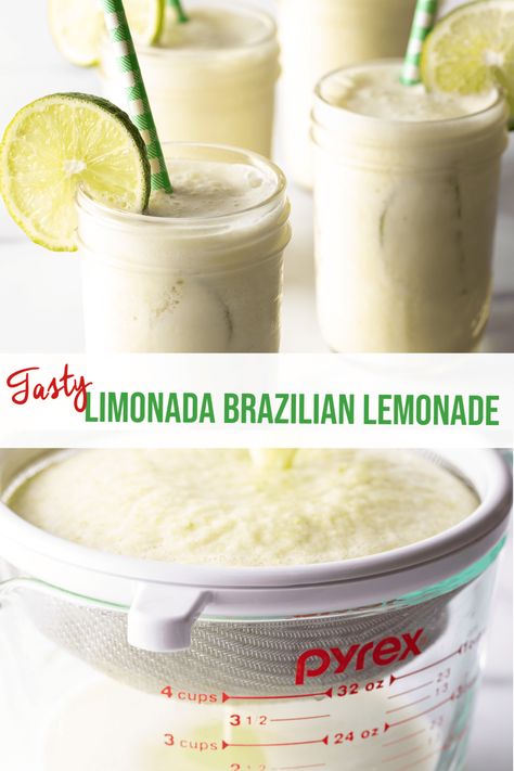 Frozen Limonada (Limeade) Recipe - Cold and creamy Brazilian lemonade is made with fresh limes and sweetened condensed milk for a sweet, tart, and delicious frosty drink you'll be blending up all summer long! | A Spicy Perspective Blended Lime Drink, Lime And Condensed Milk Drink, Condensed Milk Lemonade, Brazilian Lemonade Recipe Condensed Milk, Creamy Brazilian Lemonade, Fresh Limeade Recipe, Limonada Recipe, Frozen Lemonade Recipe, Brazilian Lemonade Recipe