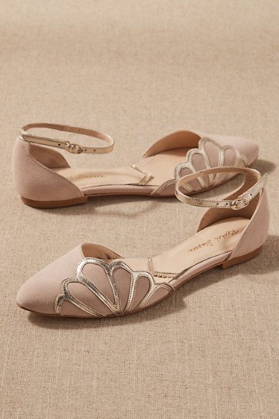 Golden embellishments add a vintage-inspired detail to these elegant flats. Khussa Designs, Rachel Simpson, Bhldn Wedding, Designer Party Dresses, Bridal Flats, Elegant Flats, Wedding Shoes Flats, Wedding Flats, Bridal Shoes Flats