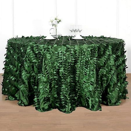 This unique taffeta round tablecloth is designed with life-like leaf petals that will create an earthy look and add texture for your party table setting. Perfect for any nature-themed celebrations, indoor or outdoor weddings, parties or any special gatherings. High quality, smooth textured taffeta fabric easily creates elevated natural woodsy look and the perfect ambiance for any special occasion. Pair this round tablecloth with other tabletop decorations for a truly unforgettable dining experience. Also a great gifting idea! WHAT YOU GET: Each order is for one (1) tablecloth. Measurements: Width: approx. 120 inches. Leaf: approx. 2 inches long x 1 inch wide. Edges are serged. Material: Taffeta. Fabric Care: Dry clean only. Other decorations are not included. PLEASE NOTE: This item can be Tablecloth Round, Party Table Settings, Table Overlays, Theme Nature, Event Table, Tablecloth Sizes, Mantel Redondo, Nature Themed, Green Leaf