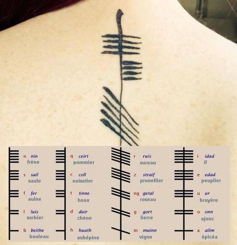 Tatouage celte : Toutes les lettres sont associées à un arbre sacré ou utile pour les druides.  Exemple : la lettre Luis est associé au Sorbier. Ogham Tattoo, Druid Tattoo, Viking Symbols And Meanings, German Tattoo, Catholic Tattoos, Father Tattoos, Half Sleeve Tattoos Drawings, Irish Tattoos, Celtic Tattoo