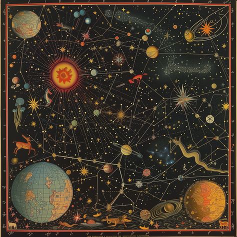 Solar System Posters, Vintage Celestial Aesthetic, Vintage Celestial Decor, Astronomy Aesthetic Art, Celestial Art Aesthetic, Vintage Posters Art Illustrations, Cosmic Posters, Astrology Art Vintage, 90s Celestial Aesthetic