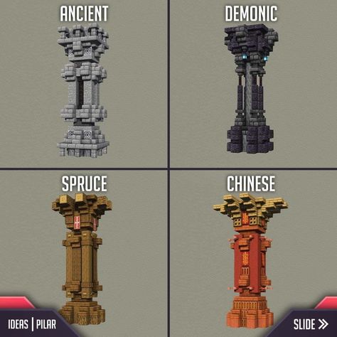 Gama on Instagram: “This time we're here with four 3x3 pillar designs 😄 ⚠️Original Content ! Repost is allowed with mentions. ▬▬▬ [ ignore ] ▬▬▬…” Pillars Minecraft Ideas, Minecraft Stone Pillars, Pillar Ideas Minecraft, Minecraft Cave Base Ideas Entrance, Pillar Minecraft Ideas, Minecraft Collums, Minecraft Throne Room Ideas, Minecraft Round Staircase, Minecraft Pillars Design