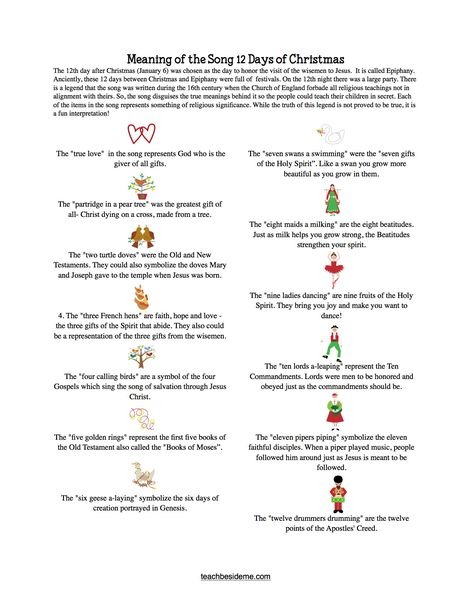 Meaning of Song 12 Days of Christmas 12 Days Of Christmas Lyrics, 12 Days Of Christmas Party, Kids Church Christmas, Christmas Songs Lyrics, Christmas Lyrics, Christmas Lesson, Christmas Worksheets, Christmas Program, Printable Ideas