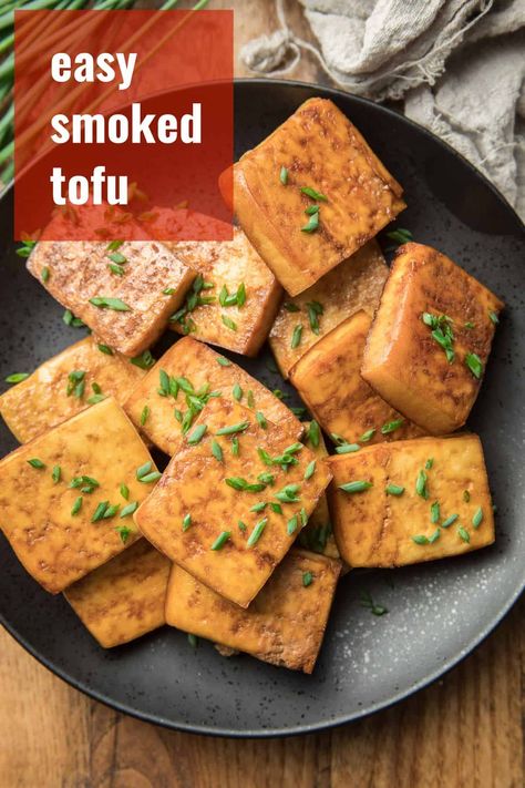 Make your own smoked tofu at home! It's easy, delicious, and requires only 4 ingredients. This tofu is perfect for recipes, salads, sandwiches, and snacking. Vegan and optionally gluten-free! #smokedtofu #tofu #bakedtofu Smoked Tofu Recipe, Tofu Cubes, Vegan Tofu Recipes, Vegetarian Recepies, Smoked Tofu, Tofu Recipes Vegan, Vegan Sandwiches, Marinated Tofu, Vegan Tofu