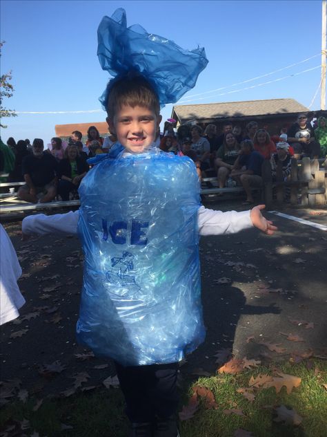 Tried Ice bag , he won first place at costume contest Ice Costume Kids, Bag Of Ice Costume, Fire Vs Ice Costume, Glacier Costume, Ice Cube Halloween Costume, Ice Costume Diy, Ice Cube Costume, Fire And Ice Party Theme Outfit, Ice Themed Outfit