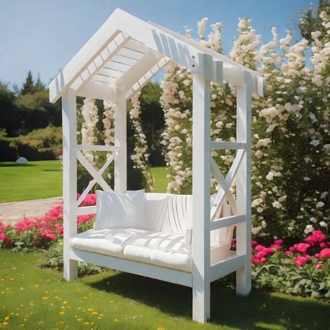 Outdoor Bench With Trellis, Diy Garden Seating Area, Trellis With Bench, Bench In Garden, Wooden Outdoor Bench, Garden Bench Ideas, Yard Benches, Arbour Seat, Arbor Bench