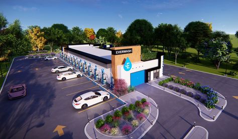 Commercial & Offices - Gas Station Designed by MND - Everclean Car Wash Exterior/Facade REDESIGN - Chicago, US | Arcbazar Car Wash Exterior Design, Car Wash Design Architecture, Car Showroom Interior, Exterior Facade, Building Drawing, Commercial Buildings, Car Showroom, Commercial Office, Business Idea