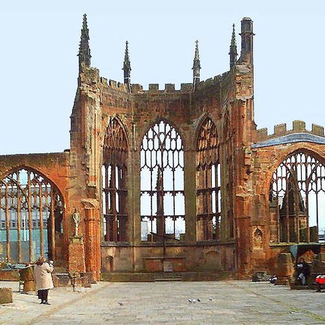 Coventry Cathedral, Coventry, England. Ruins of bombed out cathedral Cathedral Ruins, Coventry Cathedral, Coventry England, Gothic Cathedrals, Birmingham England, Cathedral Church, England And Scotland, Place Of Worship, Abandoned Buildings