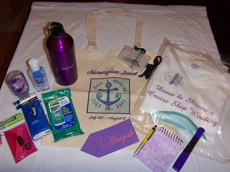 Welcome Bags-Supplies - Honeymoon & Wedding Cruises - Cruise Critic Community Family Vacation Welcome Bags, Family Cruise Goody Bags, Cruise Favor Bags, Cruise Welcome Bag Ideas, Family Cruise Gift Bag Ideas, Birthday Cruise Ideas, Cruise Gift Bag Ideas, Cruise Necessities, Welcome Bags Wedding