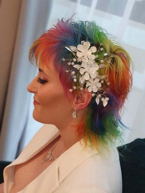 Mullet Wedding Hair, Rainbow Hair Wedding, Rainbow Mullet Hair, Gay Mullet Straight Hair, Vivid Mullet, Rainbow Mullet, Vivid Color Mullet, Queer Mullet Long, Crown Ideas