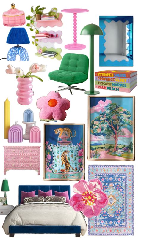 A mix of retro vibes and modern touches. Highlights include a green swivel chair, vibrant pink and blue accents, bold artwork featuring tigers, and floral motifs. The room features a plush pink flower cushion, a whimsical mirror, and colorful candles. A statement blue velvet bed paired with leopard-print pillows adds a touch of luxury. Ideal for those who appreciate a playful yet sophisticated aesthetic. Bright Kids Room, Dopamine Decor, Decor Bedroom, Retro Inspired, Bedroom Inspirations, Kids Room, Bedroom Decor, Art Deco, Cottage