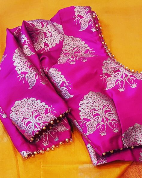 Pink Brocade Blouse Design, Green Brocade Blouse Designs, Dark Pink Blouse Designs, Work On Brocade Blouse, Copper Blouse Designs, Brocade Saree Blouse Designs, Brocade Blouse Designs Pattern Back, Brocade Blouse Designs Latest, Pink Saree Contrast Blouse