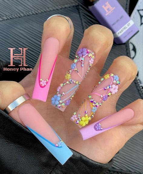 Easter Nails Design Spring, Spring Nail Design, Birthday Nail Designs, Easter Nail Designs, Summer Nail Designs, Spring Acrylic Nails, Cute Spring Nails, Long Nail Designs, French Acrylic Nails