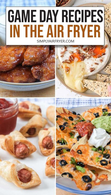 photo collage of chicken wings, brie, and other snacks with text overlay "game day recipes in the air fryer". Ideas For Snacks, Garlic Parmesan Fries, Super Bowl Recipes, Game Day Recipes, Frozen Chicken Wings, Bacon Wrapped Scallops, Popcorn Shrimp, Bagel Bites, Asparagus Fries