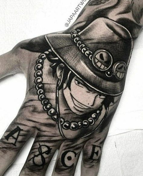 Ace Hand Tattoo, One Piece Tattoos For Men, One Piece Hand Tattoo, Luffy One Piece Tattoo Design, One Piece Sleeve Tattoo, Anime Forearm Tattoo, Anime Hand Tattoo, Luffy Tattoo Ideas, Ace Tattoo One Piece