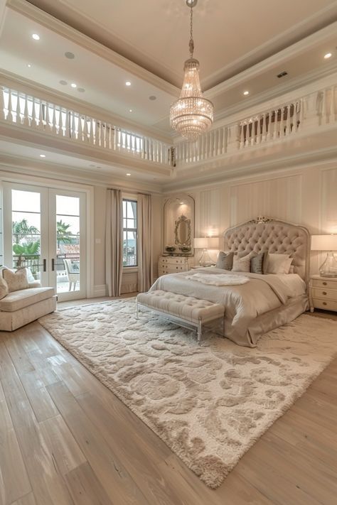 White Mansion Bedroom, Rich Houses Interior Bedrooms, Bloxburg House Ideas Master Room, Huge Rooms Bedrooms, Rich Girl Room Aesthetic, Rich Bedroom Aesthetic, Two Story Bedroom, Rich Girl Room, Classy Bedroom Ideas