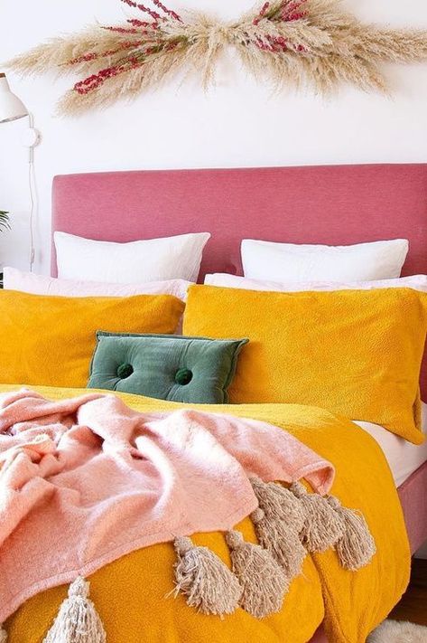 Mustard Pink Bedroom, Pink And Yellow Bedding Ideas, Mustard Pink Orange Bedroom, Rust Pink Yellow Bedroom, Pink And Mustard Room, Pink Mustard Bedroom, Blue Pink And Yellow Bedroom, Red And Yellow Bedroom, Yellow Teal And Pink Bedroom