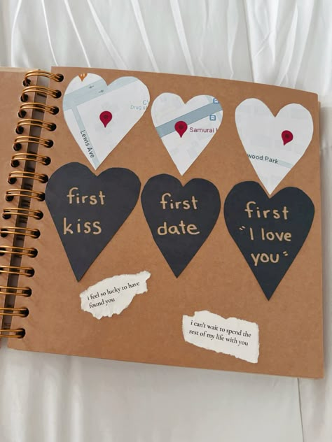 first anniversary gift, anniversary scrapbook, scrapbook page idea, diy anniversary gift, relationship scrapbook One Year Scrapbook, 1 Year Scrapbook, Bf Scrapbook, Relationship Scrapbook, Bf Gift Ideas, Diy Anniversary Gifts For Him, Couple Scrapbook, Boyfriend Scrapbook, Romantic Scrapbook