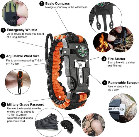 Flint Steel Fire Starter, Whistle, Compass, Hiking Accessories, Wild Camping Equipment Kit, Bushcraft, Emergency (Black and Orange) Visit the aZengear Store Camping Emergency Kit, How To Whistle Loud, Paracord Survival Bracelet, Flint Fire Starter, Flint And Steel, Emergency Survival Kit, Paracord Survival, Hiking Accessories, Tactical Survival