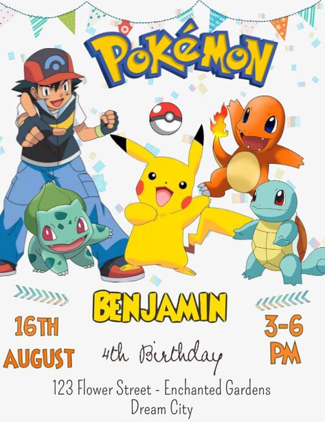 Pokemon Invitations Template Free, Pokémon Birthday Invitation, Pokemon Party Invitations, Pokemon Invitations, Pokémon Birthday, Halloween Promotions, Christmas Service, Pokemon Party, Promotional Flyers