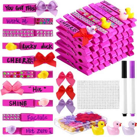 PRICES MAY VARY. Complete DIY Set: our cheerleading clothespins set comes with 60 wooden clothespins, 30 mini resin ducks, 30 mini bows, glue, diamond stickers, and pens; This allows you to create personalized cheer clips, giving cheerleaders an unforgettable gift and adding a unique touch to their accessories Fun and Engaging DIY Activity: experience the joy of DIY with our clips; Decorate and customize your cheerleading pins using the included cartoon accessories and stickers; This fun and int Cheer Competition Goodie Bags, Cheer Pins For Backpacks, Cheer Clothes Pins, Cheerleading Clothespins, Cheer Pegs, Cheer Clothespins Ideas, Cheer Clips, Cheerleading Backpacks, Decorated Clothes Pins