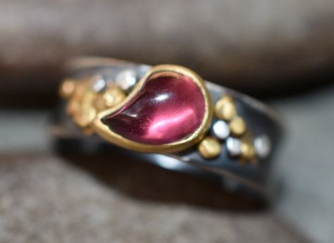 Teardrop Garnet Gold and Silver Ring - Etsy Canada Gold And Silver Ring, Garnet And Gold, Hammered Band, Hessonite Garnet, Ring Stack, Gold And Silver Rings, Red Band, Tourmaline Ring, Garnet Rings