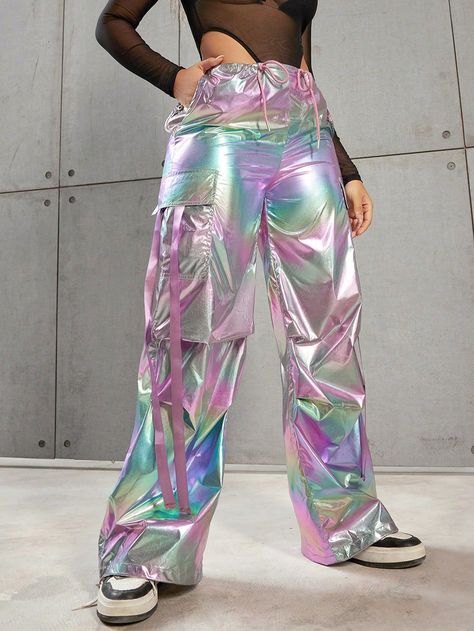 Holographic Pants, Holographic Outfit, Y2k Holographic, Comfy Trousers, Holographic Fashion, Pants Embellished, Parachute Cargo Pants, Cargo Hose, Parachute Cargo