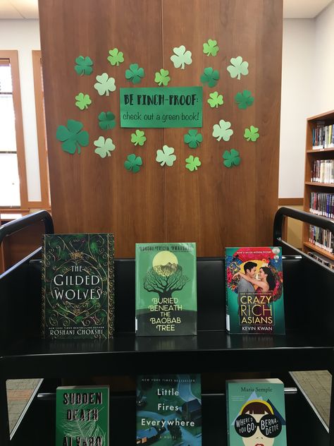 March book display - green covers May Book Displays Library, March Library Displays, March Book Displays, St Patricks Day Library Display, Spring Library Book Displays, Book Display Ideas, March Is Reading Month Bulletin Board, March Book, Library Crafts