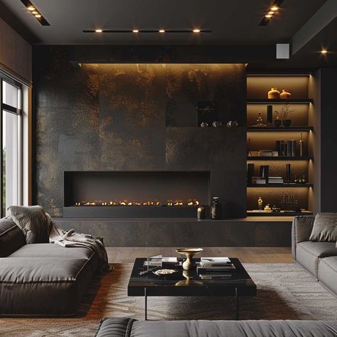 20+ Sleek Black Fireplace Wall Ideas for Bold Interiors • 333+ Art Images Suite Interior Design, Fireplace Country, Fireplace Bookcases, Slab Fireplace, Black Fireplace Wall, Modern Fireplace Ideas Living Rooms, Modern Fireplace Ideas, Fireplace Wall Ideas, Fireplace Modern Design