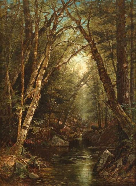 Mary Josephine Walters (1837?1883) "Forest Interior" Oil on canvas, 8 x 6 in. Collection of Nicholas V. Bulzacchelli Hudson River School Paintings, Carl Spitzweg, Hudson River School, Hudson River Valley, Women Artists, Hudson River, Forest Landscape, Modern Artists, Alam Yang Indah