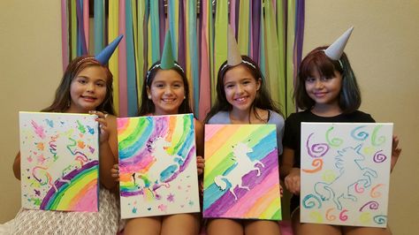 Unicorn Canvas after stencil was removed Unicorn Painting Birthday Party, Unicorn Paint Party, Kids Art Party, Unicorn Canvas, Painting Birthday Party, Mermaid Coloring Book, Unicorn Painting, Unicorn Themed Birthday Party, Painting Birthday