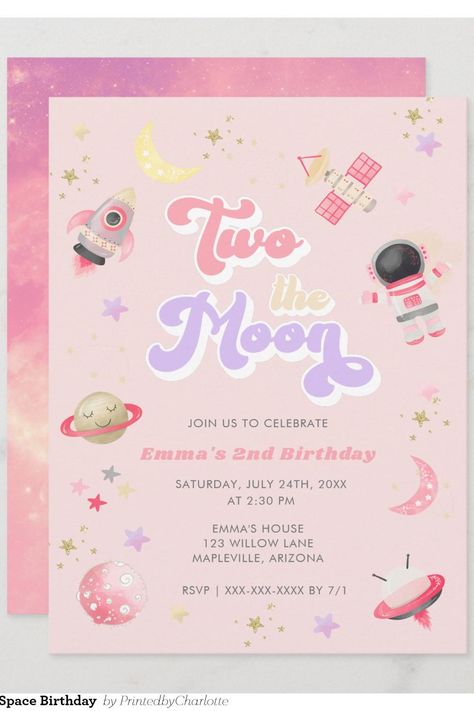 Pink Two the Moon Space Birthday Invitation Two The Moon Birthday Party Girl, Two The Moon, Space Birthday Invitation, Moon Space, Moon Girl, 2nd Birthday Invitations, Space Birthday, Sun And Stars, Party Girls